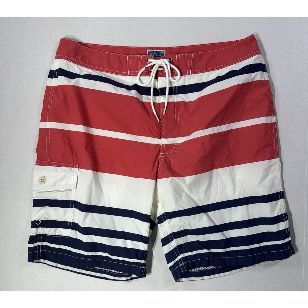 J.Crew Long Board Shorts Mens 31 Red White Navy Striped Swim Trunks 9" Inseam